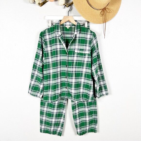 Eberjey Flannel Long PJ Pajama Set Green Tartan Plaid Cotton Womens Size Small - Picture 2 of 13